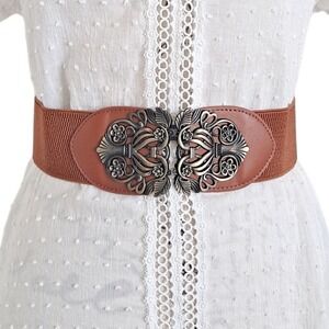 Western wide Faux leather brown Corset gold buckle Belt stretch Elastic Floral